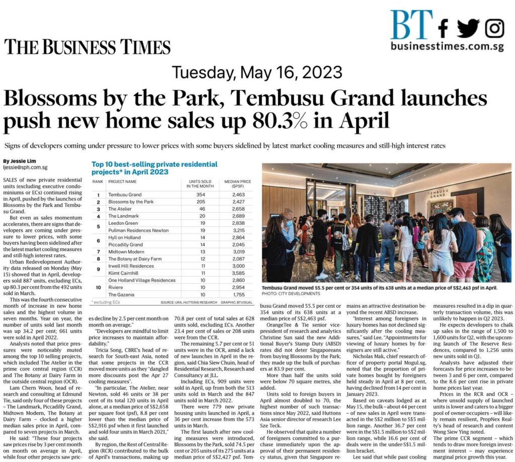 Tembusu Grand helps to push up home sales in April 2023